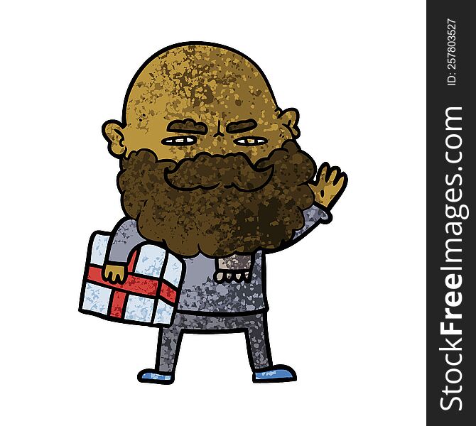 cartoon man with beard frowning with xmas gift. cartoon man with beard frowning with xmas gift