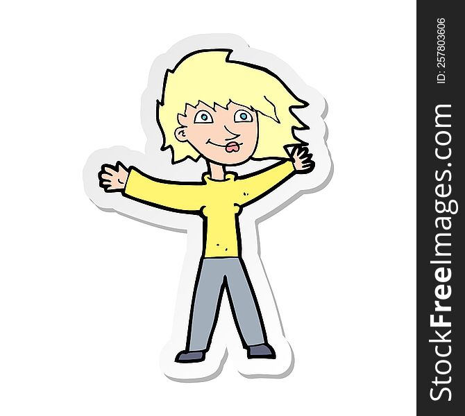 Sticker Of A Cartoon Excited Woman Waving