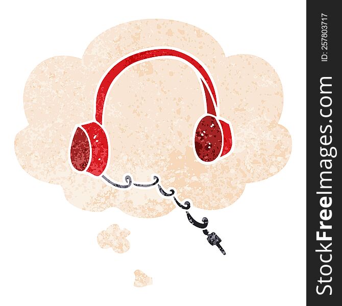 Cartoon Headphones And Thought Bubble In Retro Textured Style