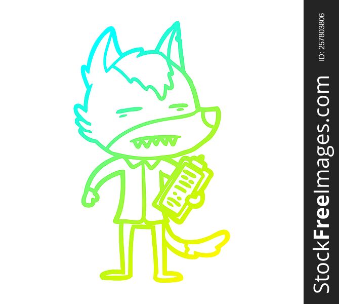 cold gradient line drawing of a cartoon office wolf showing teeth
