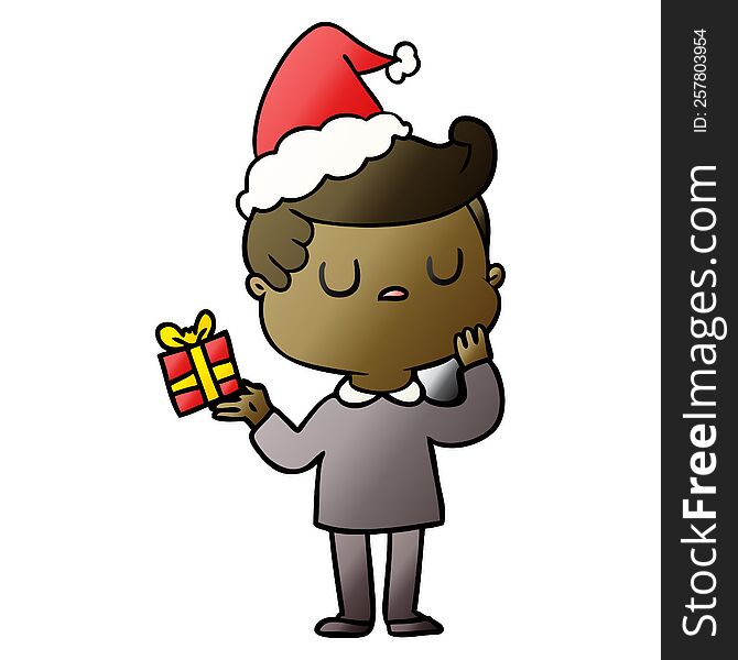 hand drawn gradient cartoon of a man wondering wearing santa hat