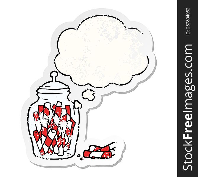 cartoon jar of candy with thought bubble as a distressed worn sticker