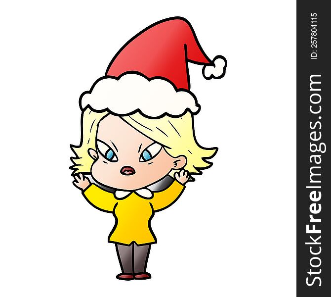 hand drawn gradient cartoon of a stressed woman wearing santa hat