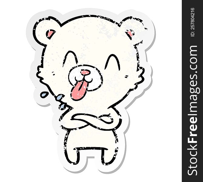 distressed sticker of a rude cartoon polar bear sticking out tongue