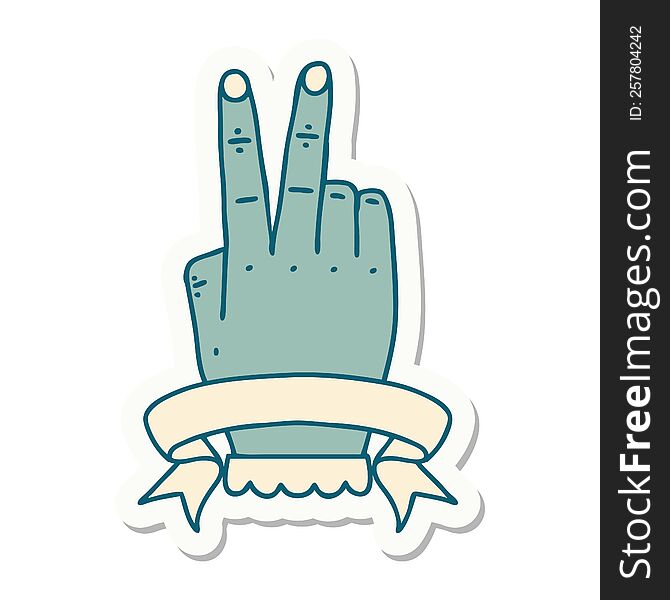 sticker of a victory v hand gesture with banner. sticker of a victory v hand gesture with banner
