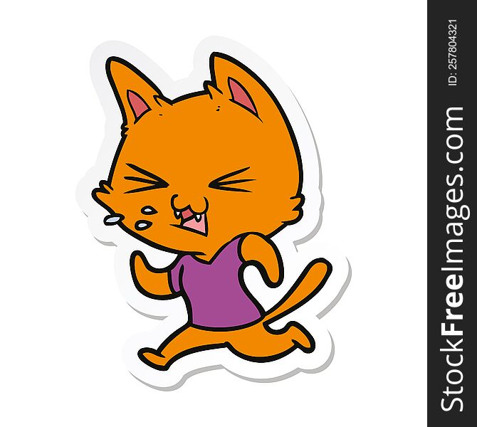 sticker of a cartoon running cat hissing