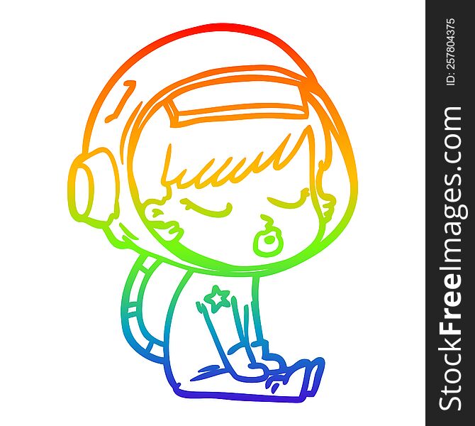 Rainbow Gradient Line Drawing Cartoon Pretty Astronaut Girl Sitting Waiting