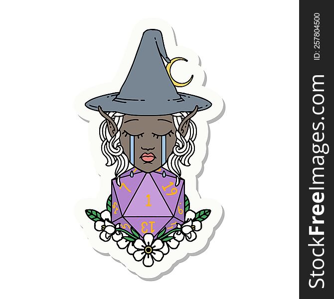 Crying Elf Witch With Natural One D20 Roll Sticker