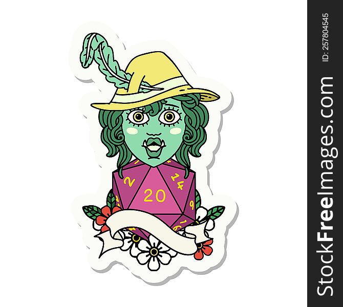 sticker of a singing half orc bard character with natural twenty dice roll. sticker of a singing half orc bard character with natural twenty dice roll