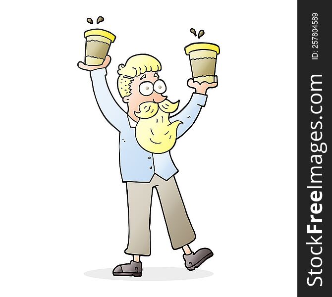 freehand drawn cartoon man with coffee cups