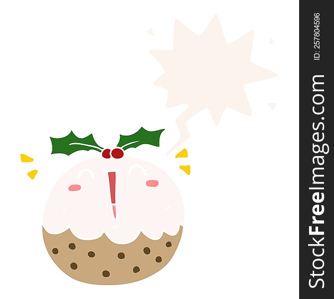 cute cartoon christmas pudding with speech bubble in retro style