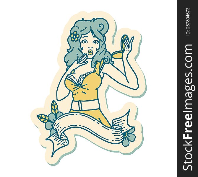 Tattoo Style Sticker Of A Pinup Surprised Girl With Banner