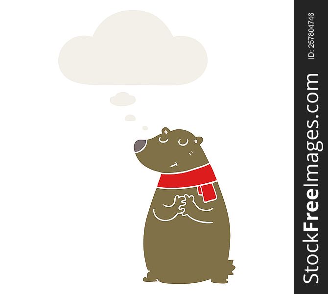 Cartoon Bear Wearing Scarf And Thought Bubble In Retro Style