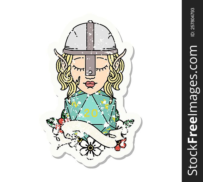 grunge sticker of a elf fighter with natural twenty dice roll. grunge sticker of a elf fighter with natural twenty dice roll