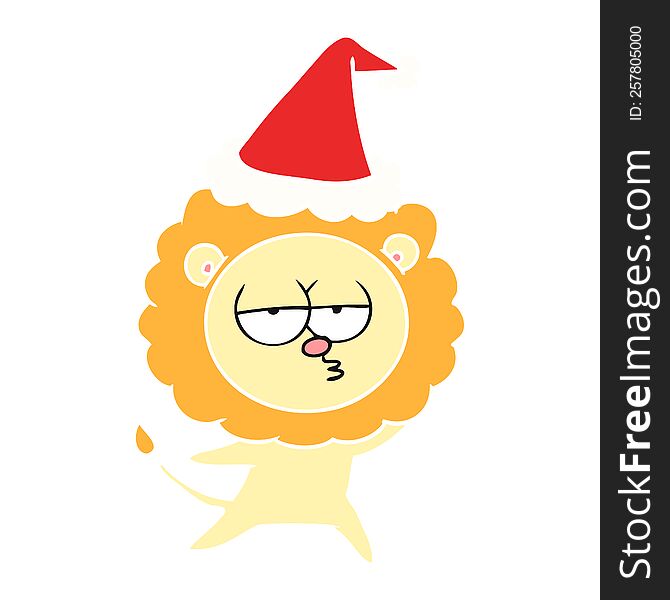 Flat Color Illustration Of A Bored Lion Wearing Santa Hat