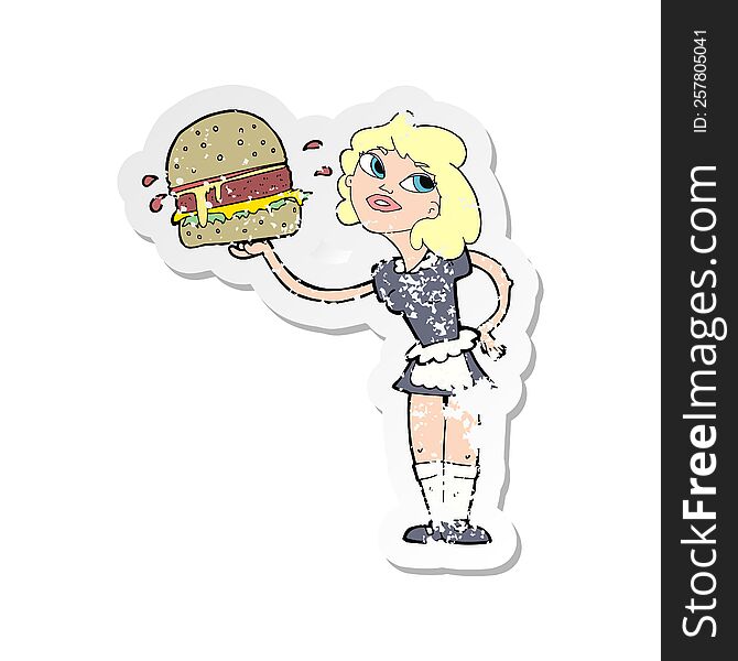 Retro Distressed Sticker Of A Cartoon Waitress Serving Burger