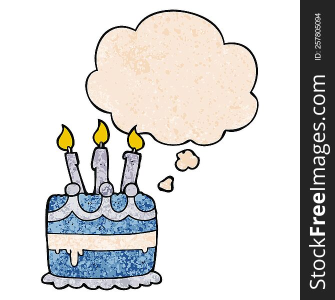 cartoon birthday cake with thought bubble in grunge texture style. cartoon birthday cake with thought bubble in grunge texture style