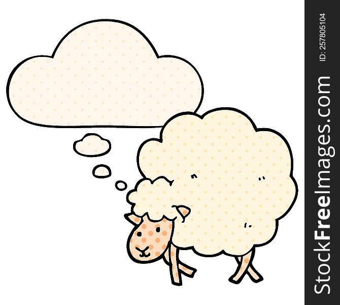 cartoon sheep with thought bubble in comic book style