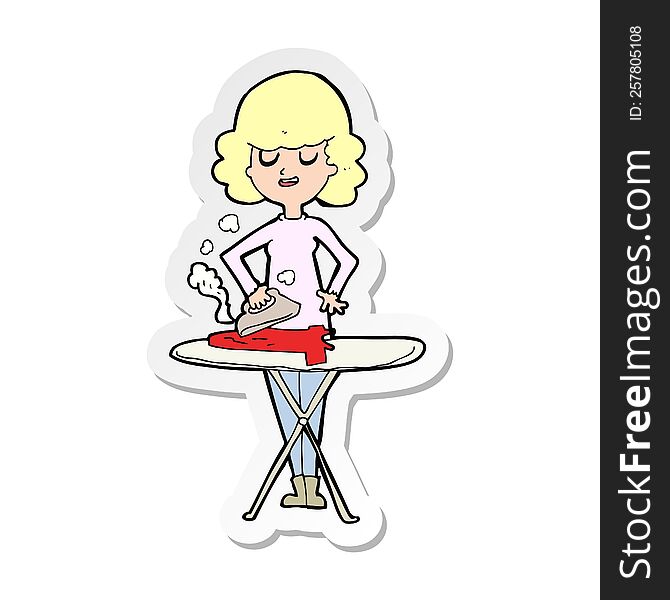 Sticker Of A Cartoon Woman Ironing