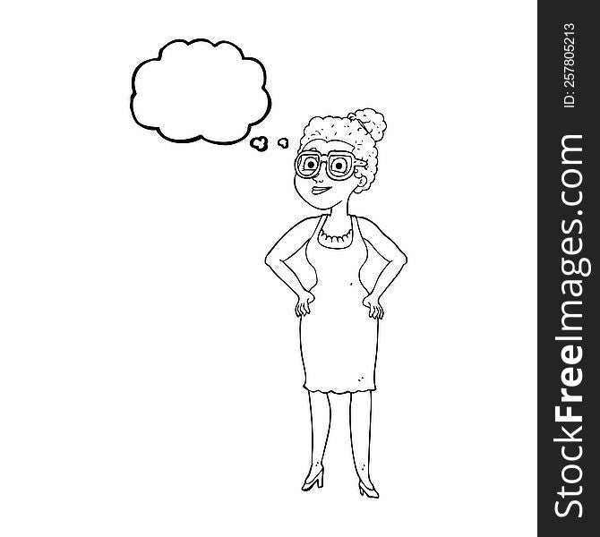 freehand drawn thought bubble cartoon woman wearing glasses