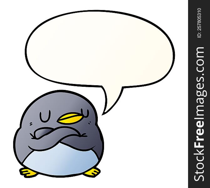 Cartoon Penguin And Crossed Arms And Speech Bubble In Smooth Gradient Style