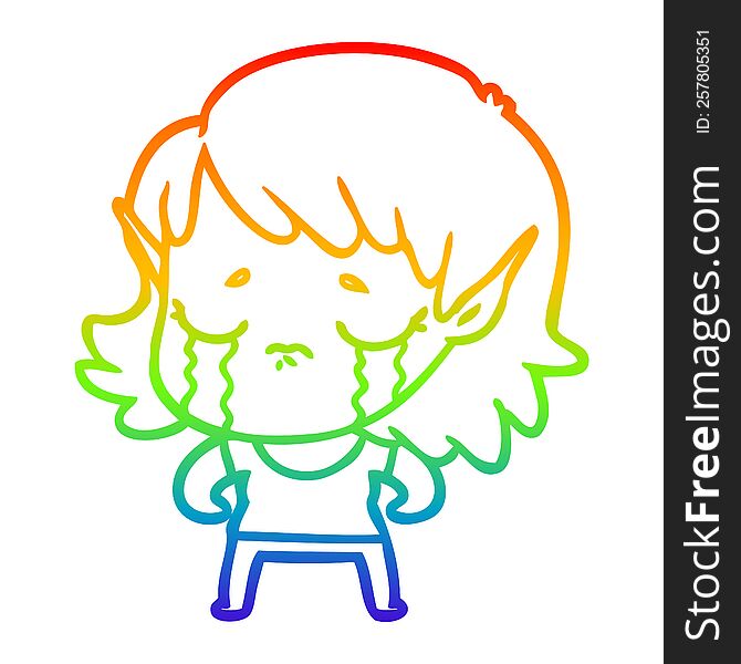 Rainbow Gradient Line Drawing Cartoon Crying Elf Girl