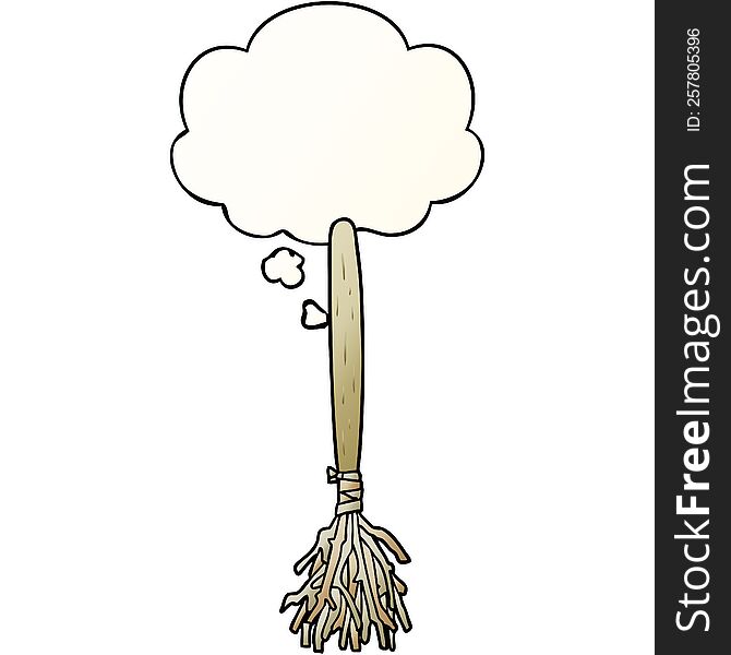 cartoon magic broom with thought bubble in smooth gradient style