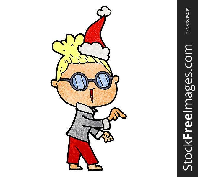 hand drawn textured cartoon of a woman wearing spectacles wearing santa hat