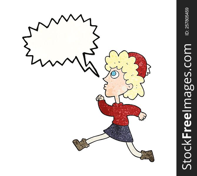 freehand speech bubble textured cartoon running woman