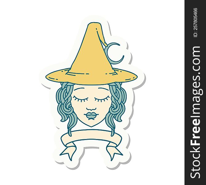 sticker of a human witch character with banner. sticker of a human witch character with banner