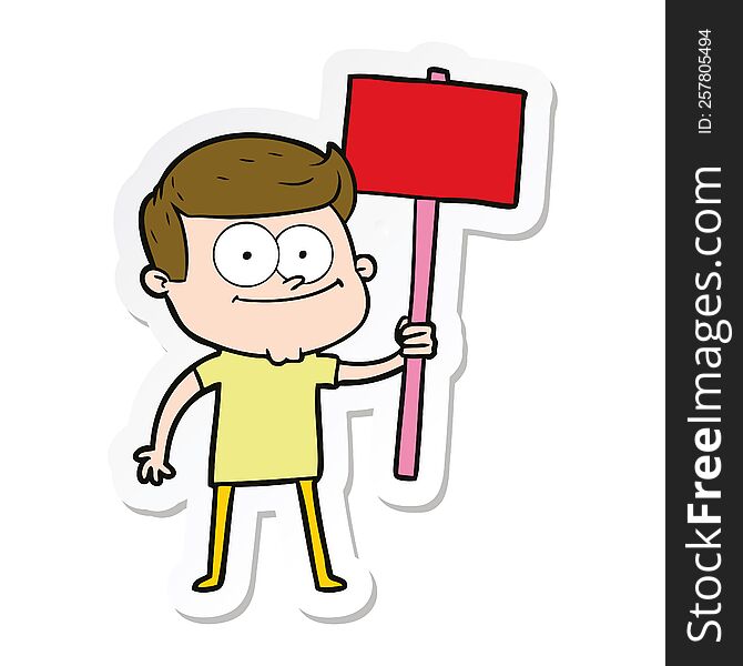 sticker of a cartoon happy man with placard