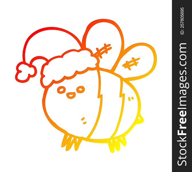 Warm Gradient Line Drawing Cute Cartoon Bee Wearing Christmas Hat