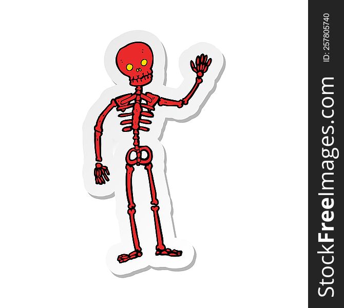 sticker of a cartoon waving skeleton