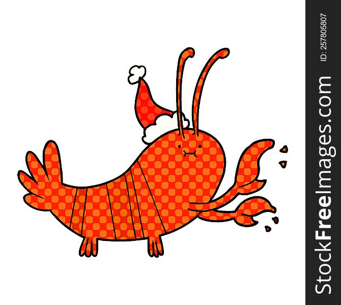 Comic Book Style Illustration Of A Lobster Wearing Santa Hat
