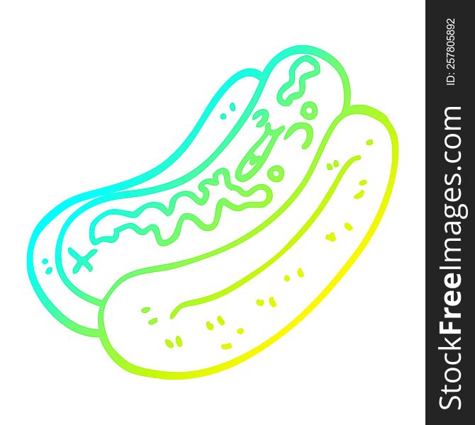 cold gradient line drawing of a cartoon hotdog with mustard