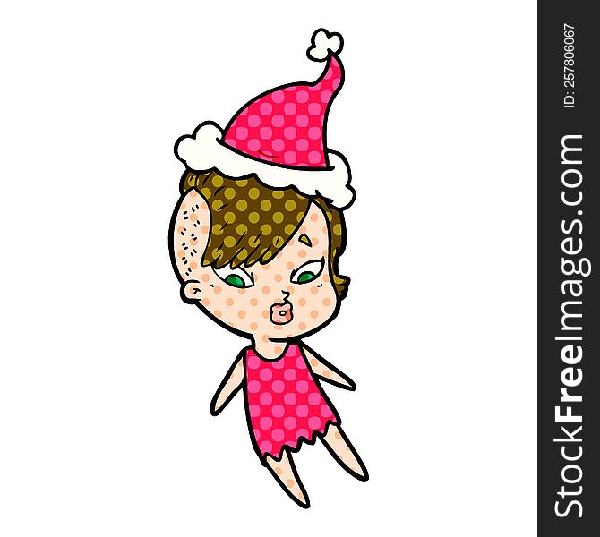 Comic Book Style Illustration Of A Surprised Girl Wearing Santa Hat