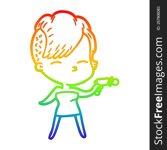 rainbow gradient line drawing of a cartoon squinting girl pointing ray gun
