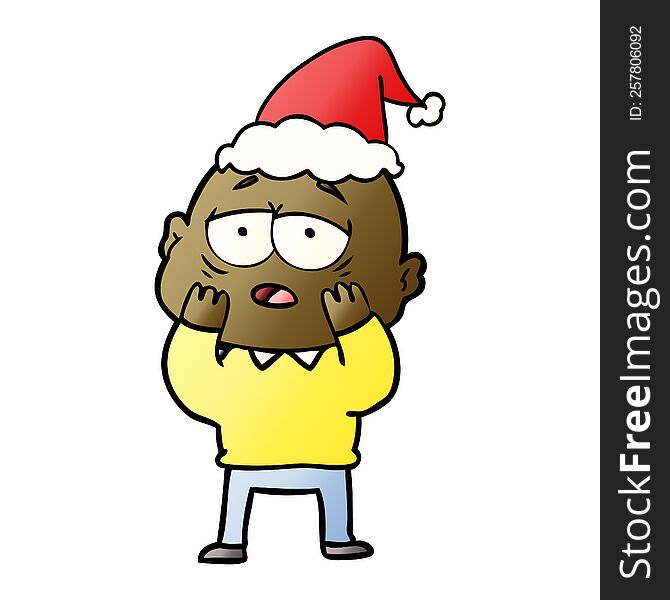 hand drawn gradient cartoon of a tired bald man wearing santa hat