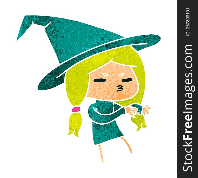 retro cartoon of a cute witch kawaii girl