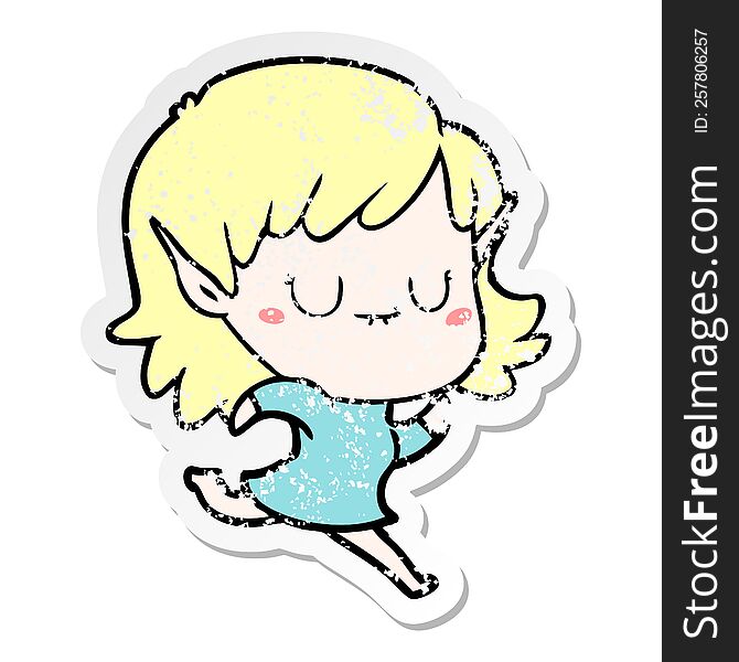 distressed sticker of a happy cartoon elf girl running