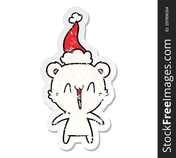 Happy Polar Bear Distressed Sticker Cartoon Of A Wearing Santa Hat