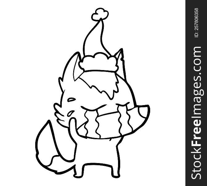 Line Drawing Of A Crying Wolf Wearing Santa Hat