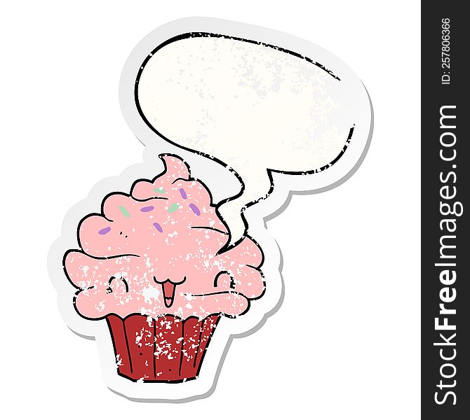 Cute Cartoon Frosted Cupcake And Speech Bubble Distressed Sticker