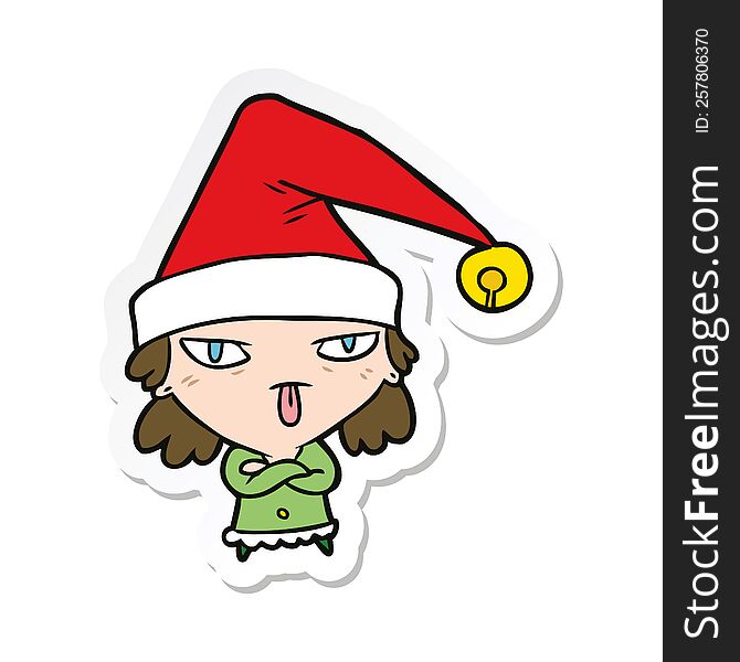 Sticker Of A Cartoon Girl Wearing Christmas Hat
