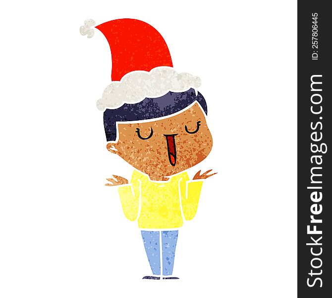hand drawn retro cartoon of a happy boy with no worries wearing santa hat
