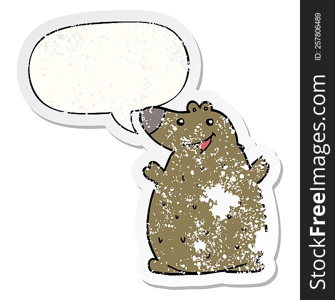 cartoon happy bear and speech bubble distressed sticker