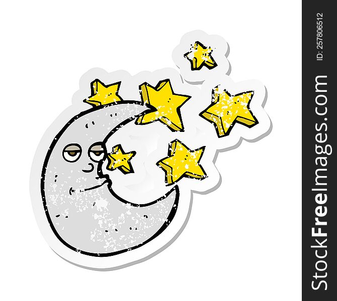 retro distressed sticker of a happy cartoon moon