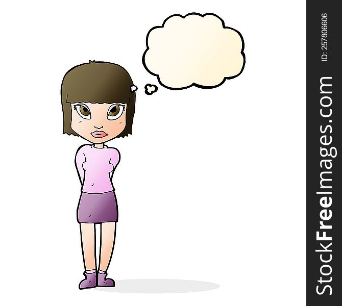 cartoon woman standing with thought bubble