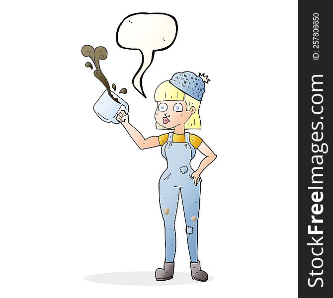 Speech Bubble Cartoon Female Worker With Coffee Mug