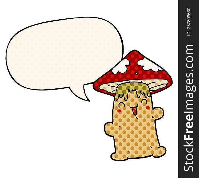 cartoon mushroom character with speech bubble in comic book style
